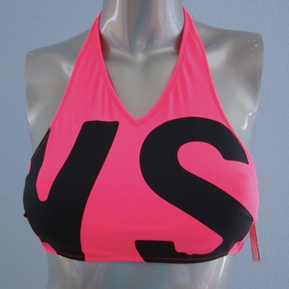 Victoria's Secret Other - Victorias Secret Nwt Hot Pink w/ Black Logo Cropped V Neck Halter Bikini Top S